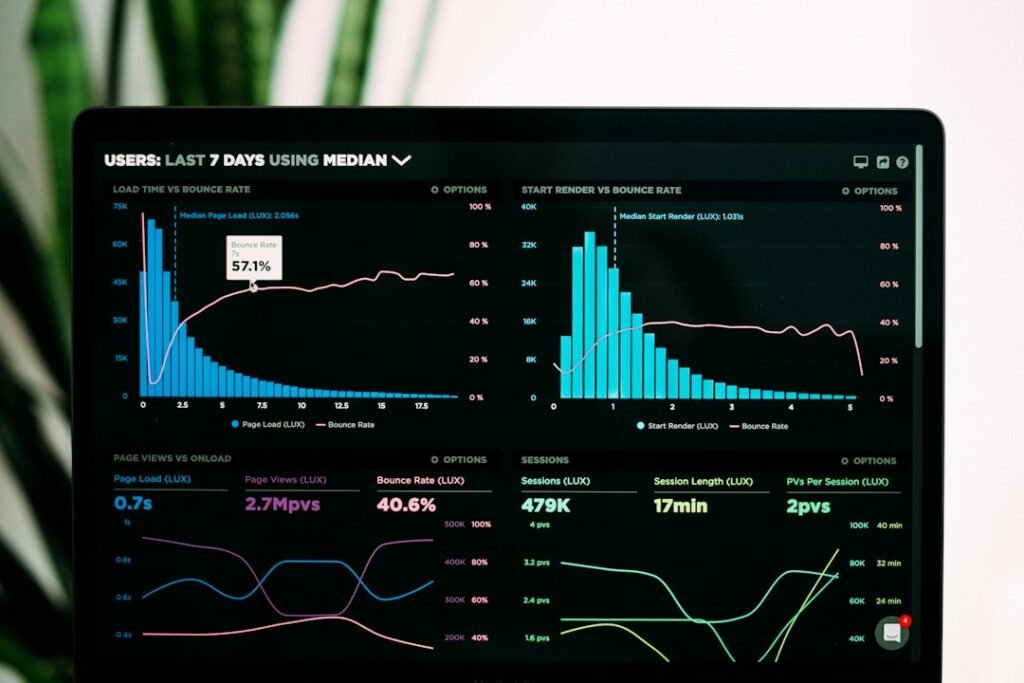 Laptop screen showing SEO performance analytics dashboard with traffic charts